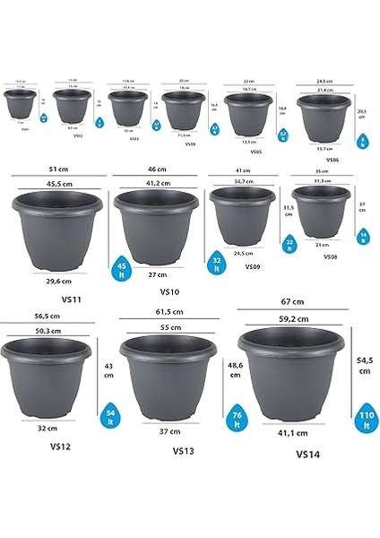 V503 Villa Saksı Set No: 3 1,7 Litre, 17,8 Cm, Antrasit modelleri