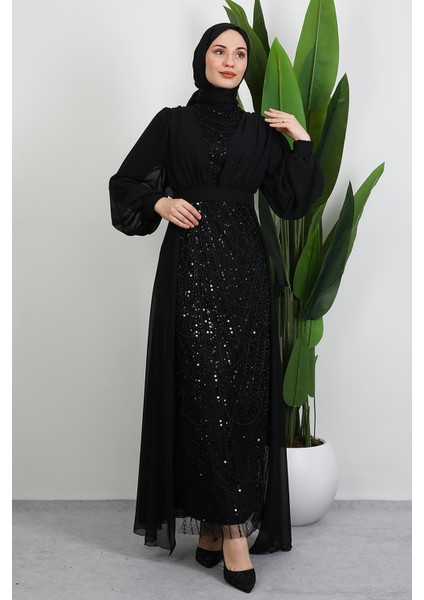 Yakamoz Taşlı Abiye Siyah