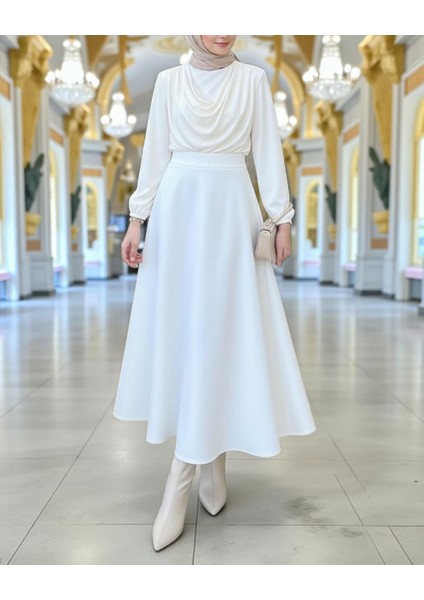Kadın Puf Scuba Tesettür Beyaz Kloş Etek
