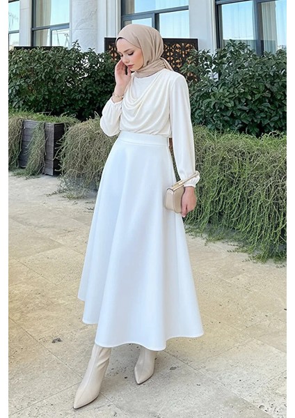 Kadın Puf Scuba Tesettür Beyaz Kloş Etek modelleri