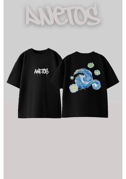 Van Gogh 1 Tasarım Sırt Baskılı Pamuk Siyah Oversize T-Shirt