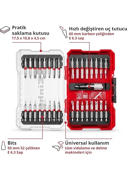Einhell M-Case 33 Parça Uç Seti (S2 Çelikten Yapılmış 50 mm Uçlara Sahip Akülü Vidalamalar ve Elektrikli Matkaplar Için,hızlı Değiştirilebilir Uç Tutucu, Saklama Kutusu) - 49118903 modelleri