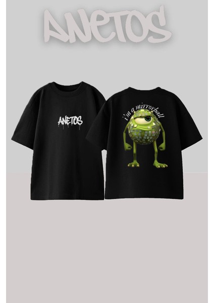 Tek Gozlu Canavar Tasarım Sırt Baskılı Pamuk Siyah Oversize T-Shirt