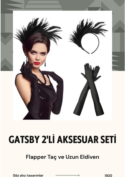 1920'LER Ikili Gatsby Aksesuar Seti- Siyah Flapper Tüy Saç Bandı ve Uzun Eldiven