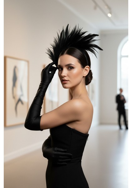 1920'LER Ikili Gatsby Aksesuar Seti- Siyah Flapper Tüy Saç Bandı ve Uzun Eldiven fiyatları