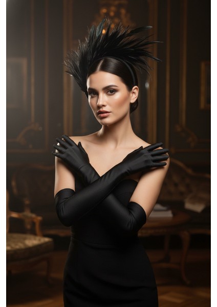 1920'LER Ikili Gatsby Aksesuar Seti- Siyah Flapper Tüy Saç Bandı ve Uzun Eldiven modelleri