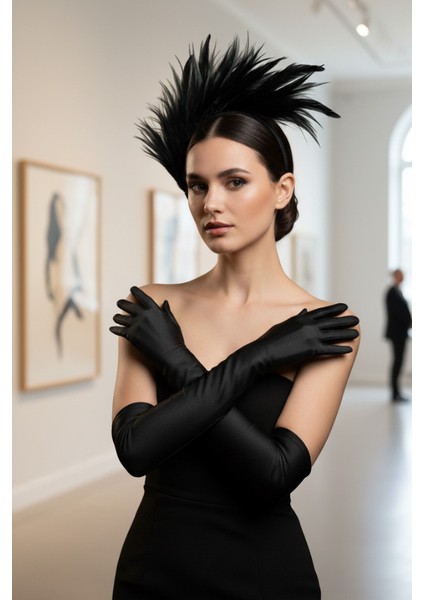 1920'LER Ikili Gatsby Aksesuar Seti- Siyah Flapper Tüy Saç Bandı ve Uzun Eldiven fırsatları