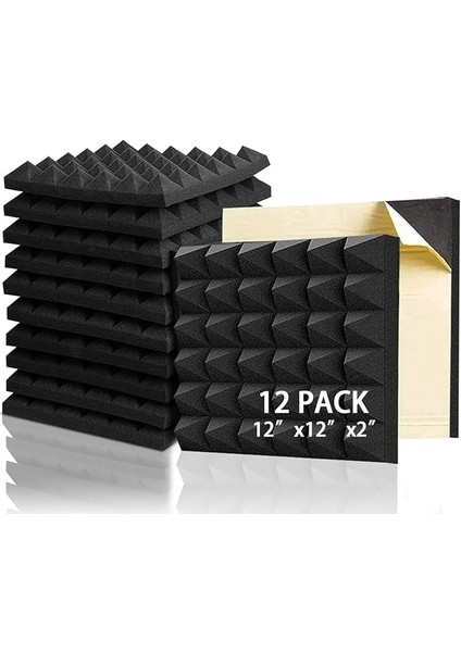 Kendinden Yapışkanlı 12 Paket Ses Geçirmez Köpük Paneller, 2"×12"×12" - Duvarlar Için Yüksek Yoğunluklu Ses Geçirmez Köpük Paneller - Alev Geciktirici Akustik Köpük - Gürültü Siyah 12'li Paket