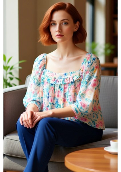 Kadın Oversize Şifon Bluz Çiçek Desenli Kare Yaka Balon Kol Kaliteli Şık Rahat Modern Zarif