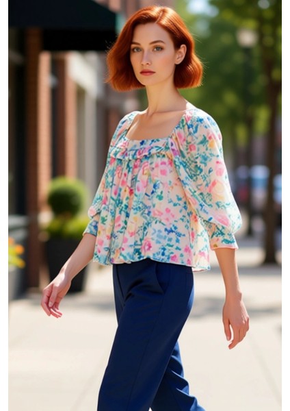 Kadın Oversize Şifon Bluz Çiçek Desenli Kare Yaka Balon Kol Kaliteli Şık Rahat Modern Zarif fırsatları