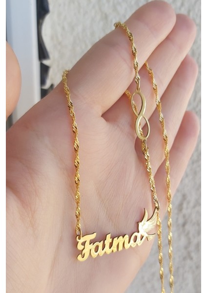 925 Ayar Gümüş 24 Ayar Altın Kaplama Sonsuzluk ve Güvercin Figürlü Isimli Kolye