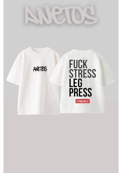 Stress Leg Press Tasarım Sırt Baskılı Pamuk Beyaz Oversize T-Shirt