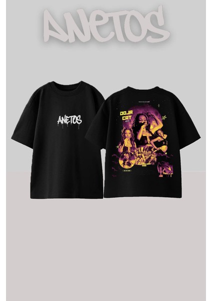 Doja Cat 3 Tasarım Sırt Baskılı Pamuk Siyah Oversize T-Shirt