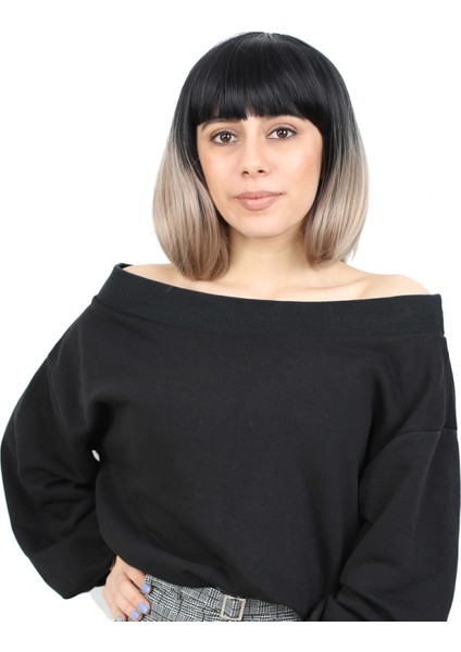 Kısa Küt Perçemli Fiber Sentetik Peruk - Siyah / Küllü Bebek Sarı Ombreli