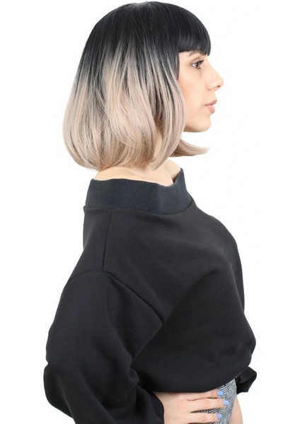 Kısa Küt Perçemli Fiber Sentetik Peruk - Siyah / Küllü Bebek Sarı Ombreli fiyatları