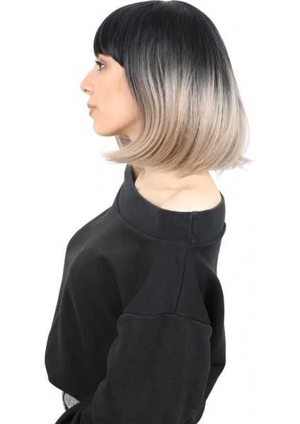 Kısa Küt Perçemli Fiber Sentetik Peruk - Siyah / Küllü Bebek Sarı Ombreli modelleri