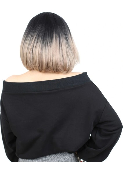 Kısa Küt Perçemli Fiber Sentetik Peruk - Siyah / Küllü Bebek Sarı Ombreli fırsatları