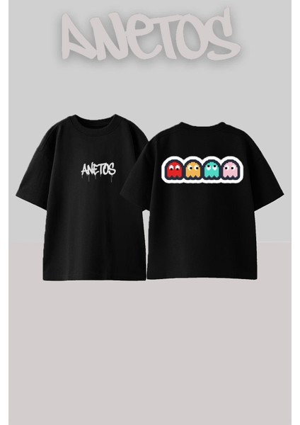 Pac Man Tasarım Sırt Baskılı Pamuk Siyah Oversize T-Shirt