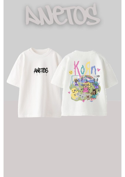 Korn 14 Tasarım Sırt Baskılı Pamuk Beyaz Oversize T-Shirt