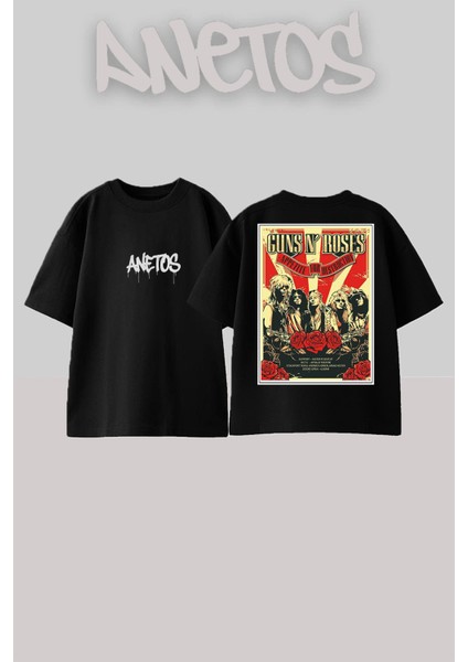 Guns N' Roses 1 Tasarım Sırt Baskılı Pamuk Siyah Oversize T-Shirt