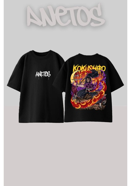 Demon Slayer 10 Tasarım Sırt Baskılı Pamuk Siyah Oversize T-Shirt