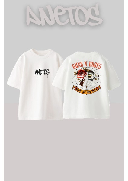 Guns N' Roses 4 Tasarım Sırt Baskılı Pamuk Beyaz Oversize T-Shirt