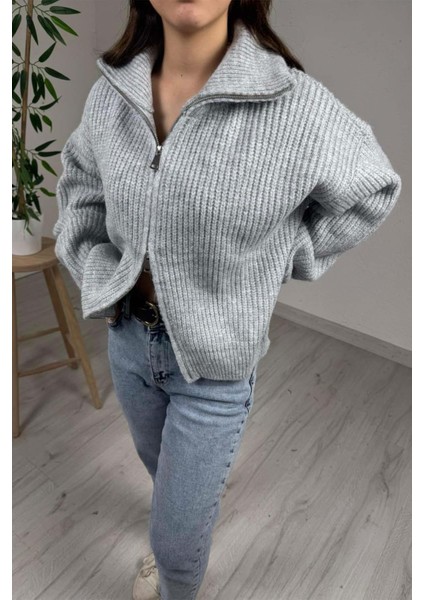 Kadın Premium Gri Çift Fermuarlı Overisize Triko Kazak
