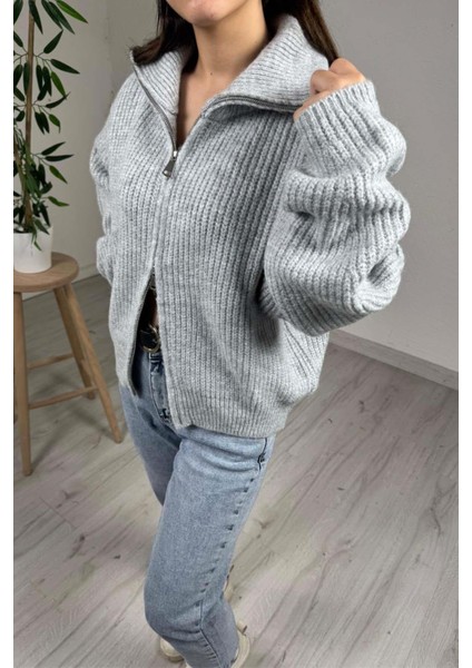 Kadın Premium Gri Çift Fermuarlı Overisize Triko Kazak fiyatları