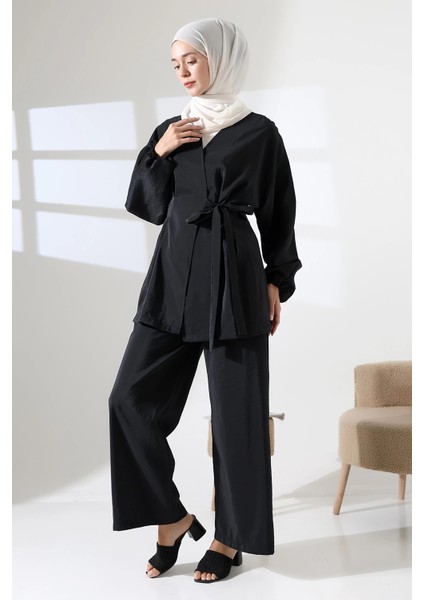 Kadın 100% Pamuk Modal Siyah Kimono Pantolon Tesettür Takım