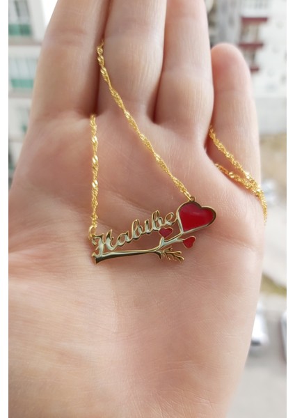 925 Ayar Gümüş 24 Ayar Altın Kaplama Isimli Kalpli Kolye