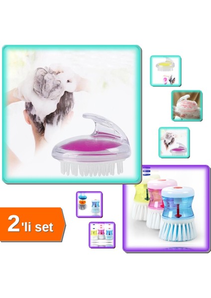 Deterjan Hazneli Bulasik Fircası + Ince Uclu Sampuan Hazneli Silikon Dus Fircası - 2li Set JKL789