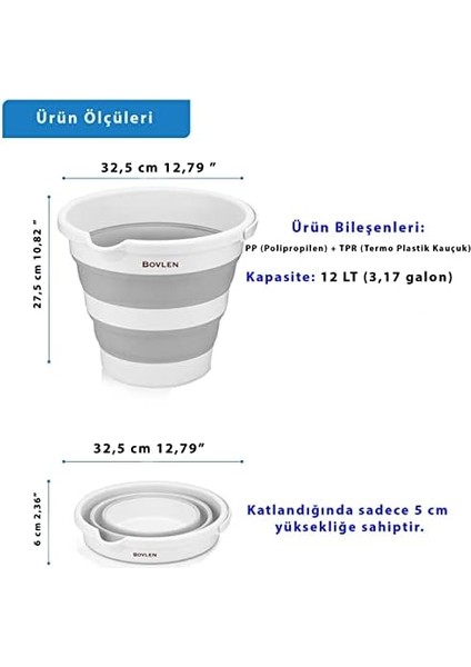 Litre Katlanabilir Kova - Akordiyon Katlanır Kova - Araba Kovası - Gri - 32.5 x 27.5 x 6 cm - Pp+ Tpr fiyatları