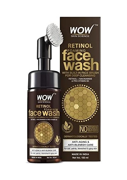Wow Skin Science Retinol Yüz Temizleme Köpüğü ve Dahili Fırça-Ince Çizgiler, Lekeler Bakım Yüzde Doksan Sekiz, Bir Doğal Içerik Vegan 150ML