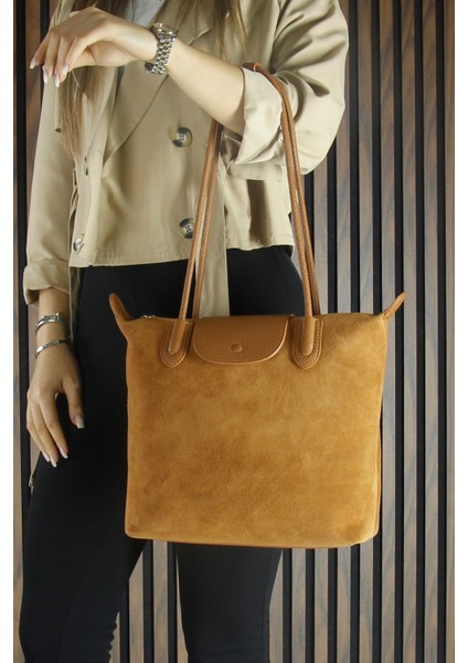 Taba Hakiki Dana Süet Fermuarlı Manyetik Kapaklı Büyük Boy Günlük Omuz Çantası