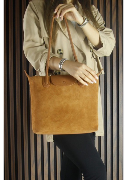 Taba Hakiki Dana Süet Fermuarlı Manyetik Kapaklı Büyük Boy Günlük Omuz Çantası