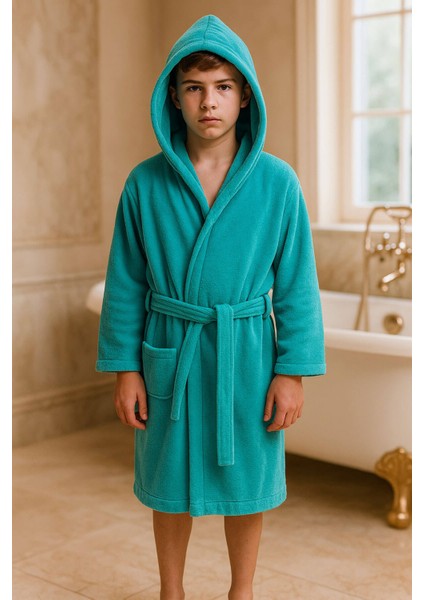 Genç Kız / Erkek Çocuk Kapşonlu Garson Boy Kadife Bornoz %100 Pamuklu