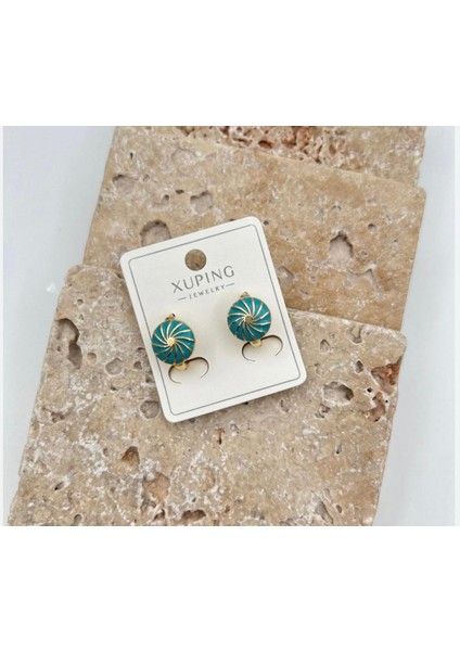 Turkuaz Yuvarlak Gold Kaplama Klipsli Küpe