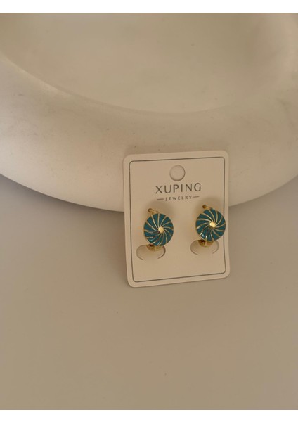 Turkuaz Yuvarlak Gold Kaplama Klipsli Küpe modelleri