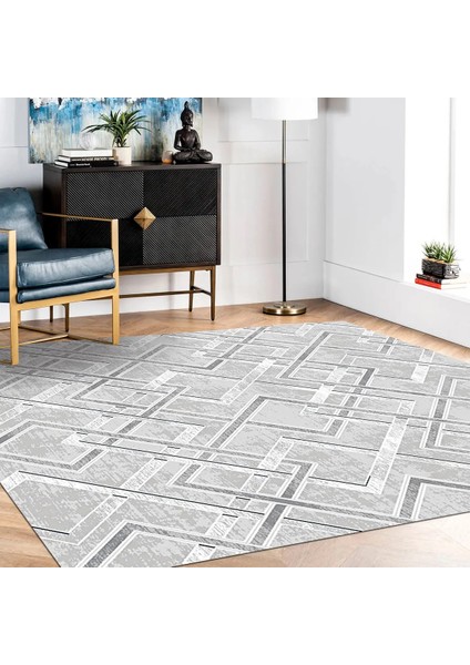 Chelva Geometrik Gri Viskon ve Akrilik Pamuk Tabanlı Makine Halısı modelleri