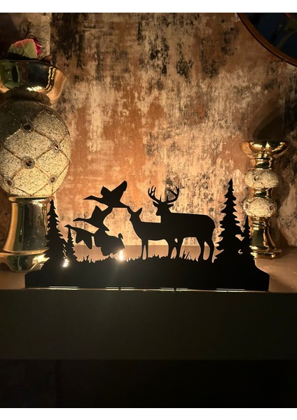 Turna Kuşu ve Geyik Temalı Metal Dekoratif Şamdan Mumluk