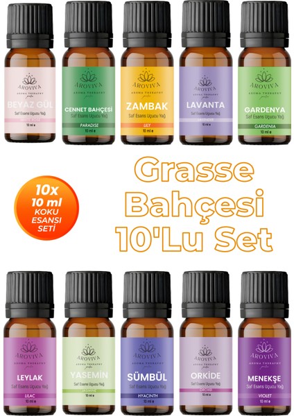 Grasse Bahçesi Esansiyel Uçucu Koku Yağı Buhurdanlık Yağı Difüzör Esansı 10'lu Set 10X10ML
