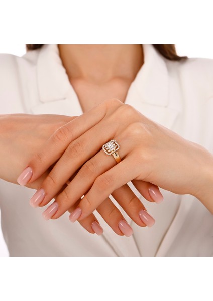 Altın Baget Taşlı Tasarım Yüzük - 14K modelleri