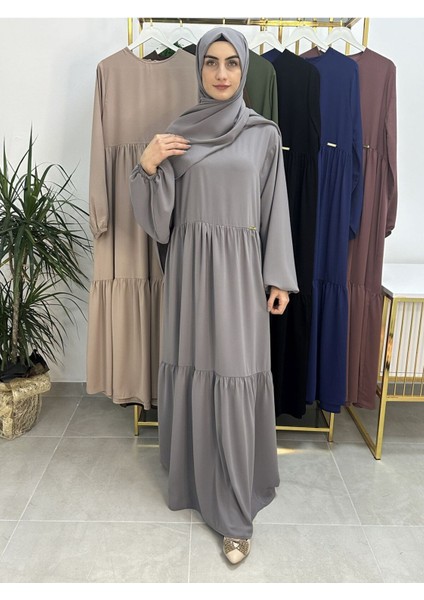Iki Kat Büzgülü Elbise ve Şallı Takım .hijap ,abaya (Hac ve Umre Için Uygundur) Gri