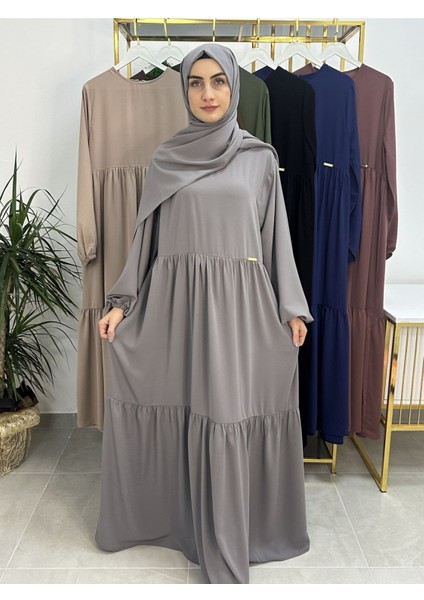 Iki Kat Büzgülü Elbise ve Şallı Takım .hijap ,abaya (Hac ve Umre Için Uygundur) Gri fiyatları