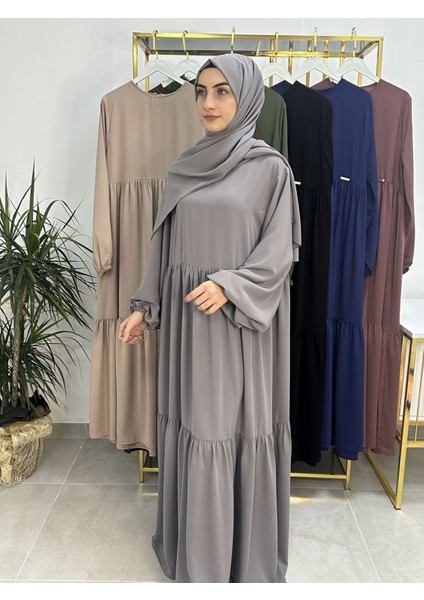 Iki Kat Büzgülü Elbise ve Şallı Takım .hijap ,abaya (Hac ve Umre Için Uygundur) Gri modelleri