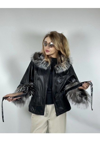 Çift Taraflı Giyilebilir Kadın Deri Mont Yarasa Model