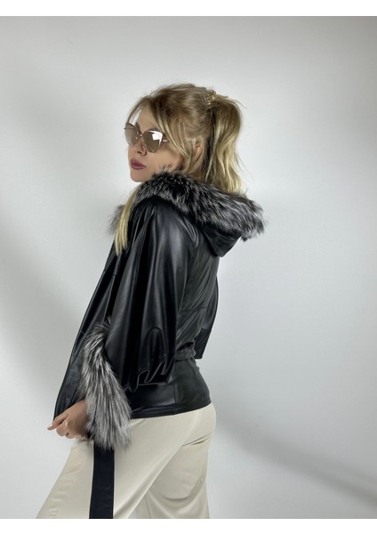 Çift Taraflı Giyilebilir Kadın Deri Mont Yarasa Model indirimleri