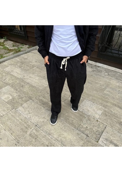 Erkek Fitilli Kadife Cepli Buggy Pantolon Oversize Rahat Kalıp - Siyah modelleri