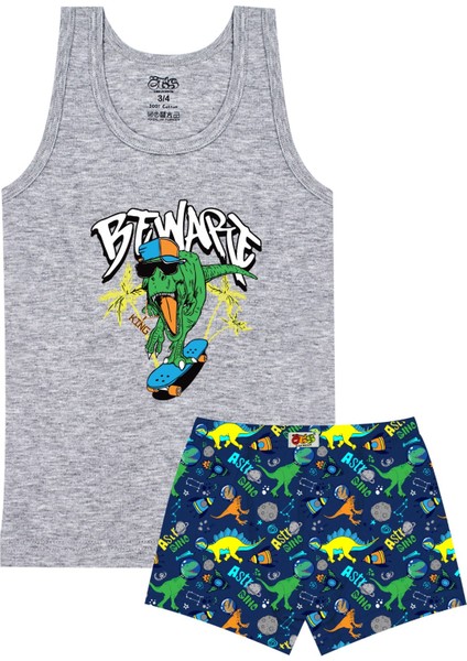 Erkek Çocuk Atlet Boxer Likralı Gri Dinozor (%96 Pamuk - %4 Elastan)