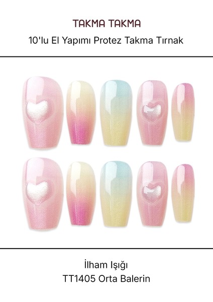10'lu Renkli Orta Balerin TT1405 Tekrar Kullanılabilir El Yapımı Protez Takma Tırnak - Renkli-S